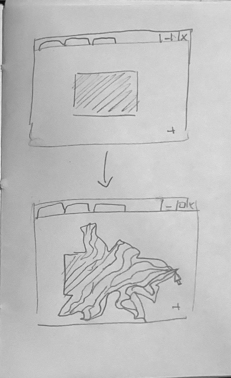scan of reading response with small sketches depicting website concept of a modifiable shape that starts off rectangular, but is shown to be warped and distorted with a cursor